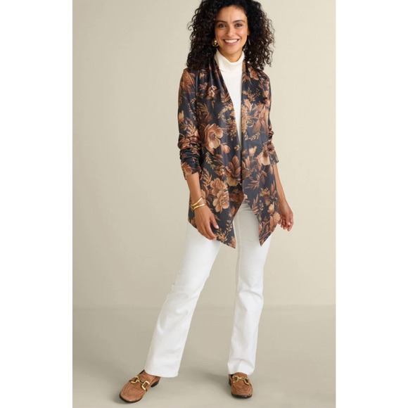 Soft Surroundings Shape Drape Faux Suede Jacket SMALL Floral Fall Brown NEW - Picture 4 of 12